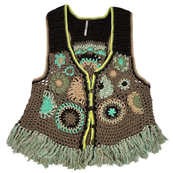 Free People Jackets & Blazers - Free People Free Desert Rose Crotchet Vest Boho Patchwork Fringe Size S